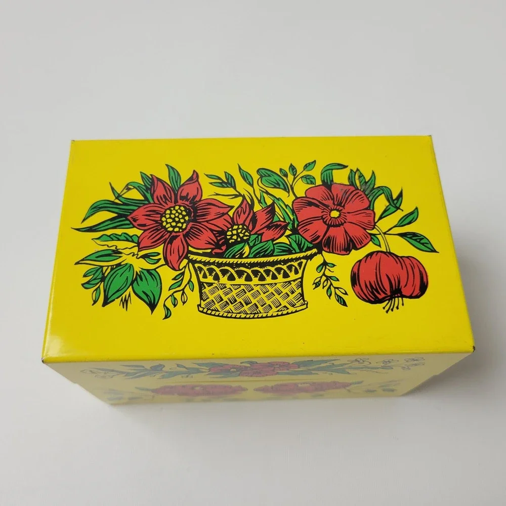 Vintage Syndicate Mfg Co Yellow Floral Rose Metal Tin Recipe Storage Box
